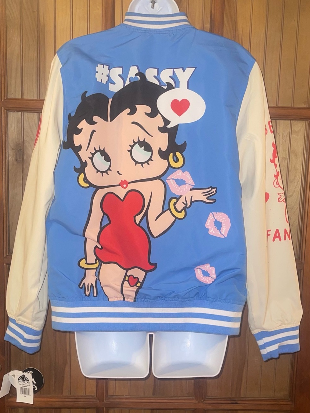 Betty Boop Blue & Cream Graphic Baseball Jacket with Pink Accents - Picture 4 of 4